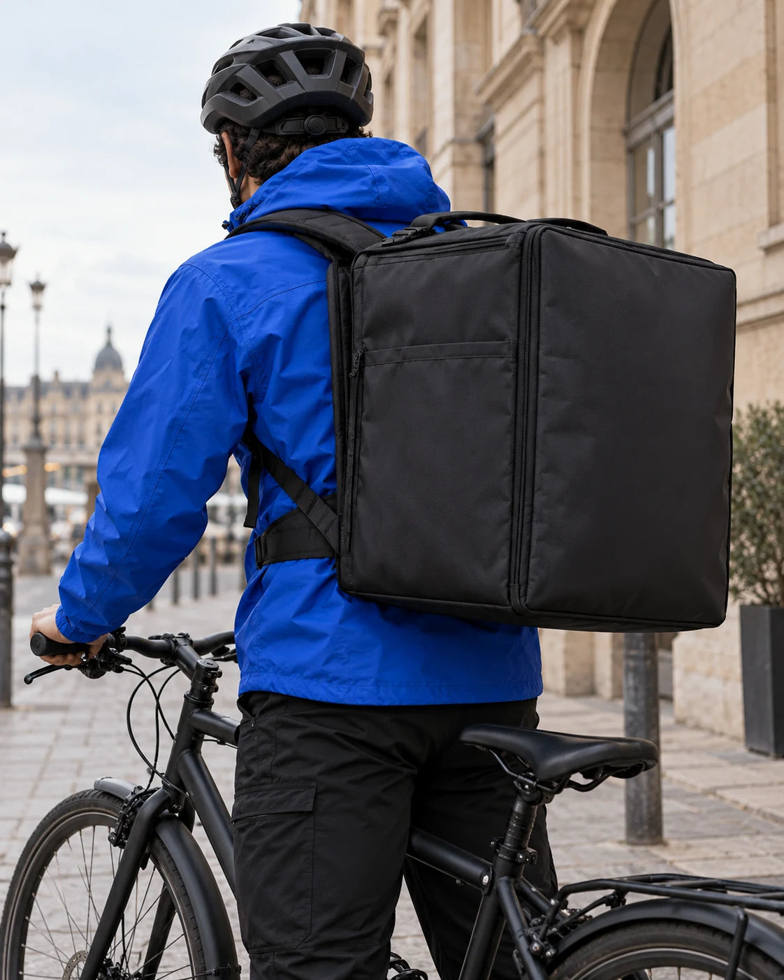 AI-generated concept: a courier in a blue jacket carrying a black delivery backpack