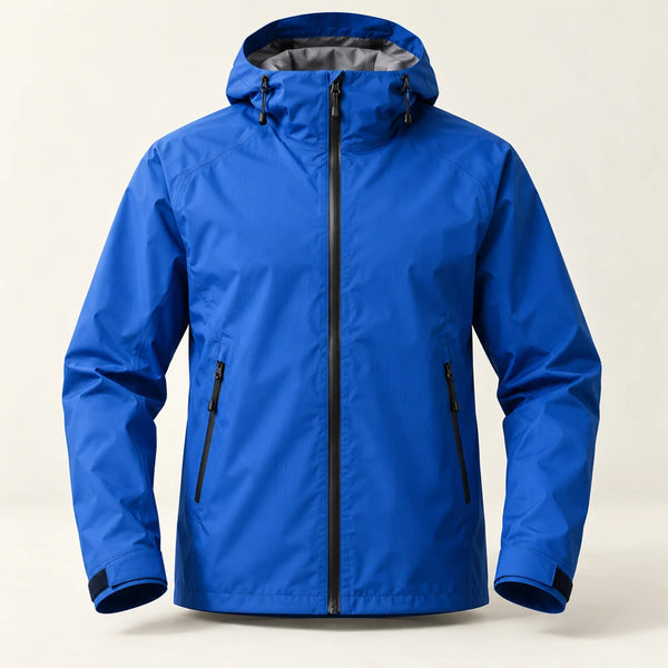 AI-generated concept: cobalt courier jacket studio photograph