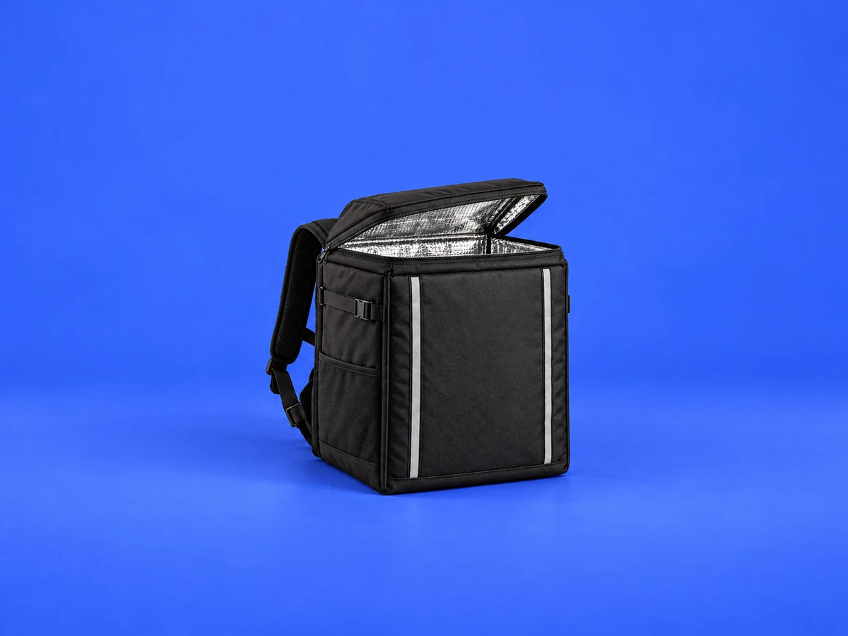 AI-generated concept: insulated delivery backpack photographed with generous space on a cobalt studio backdrop