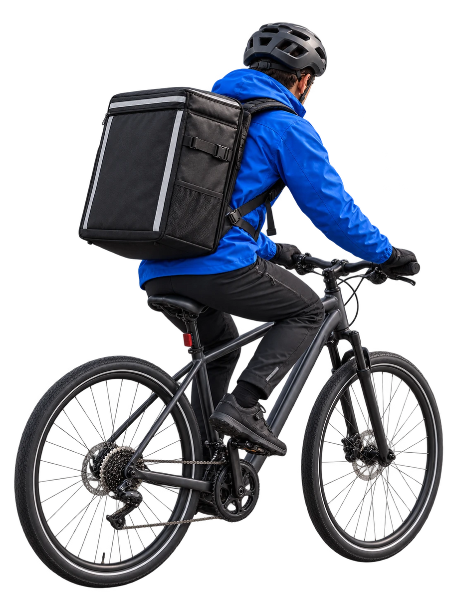 AI-generated concept: courier riding a bicycle in a blue jacket with a black insulated delivery backpack