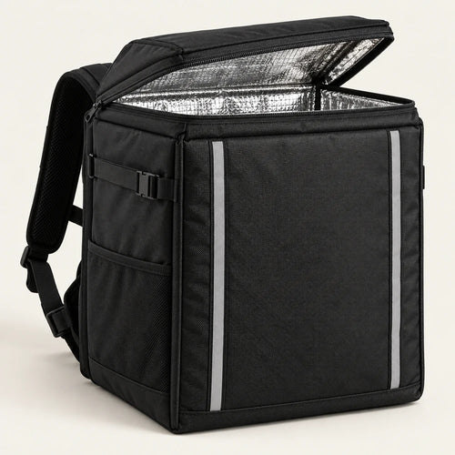 AI-generated concept: black insulated delivery backpack studio photograph