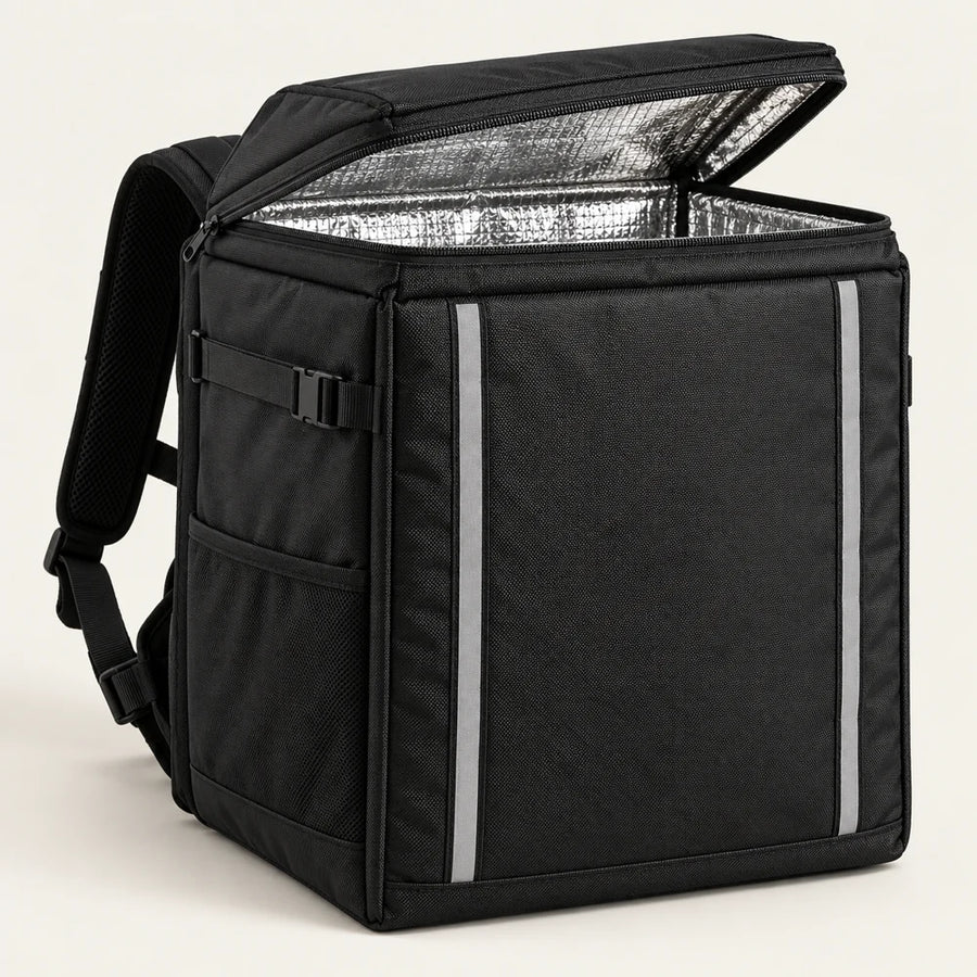 AI-generated concept: black insulated delivery backpack studio photograph