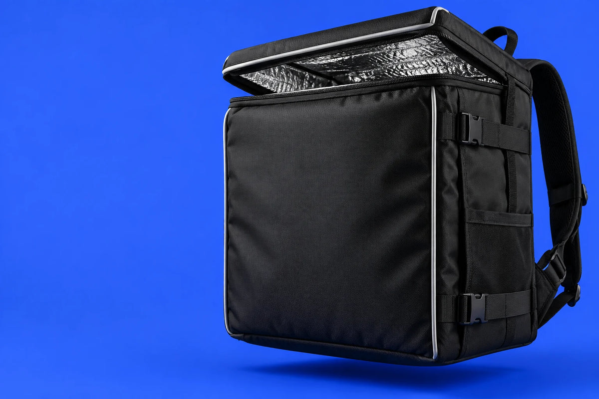 AI-generated concept: black insulated delivery backpack against cobalt blue