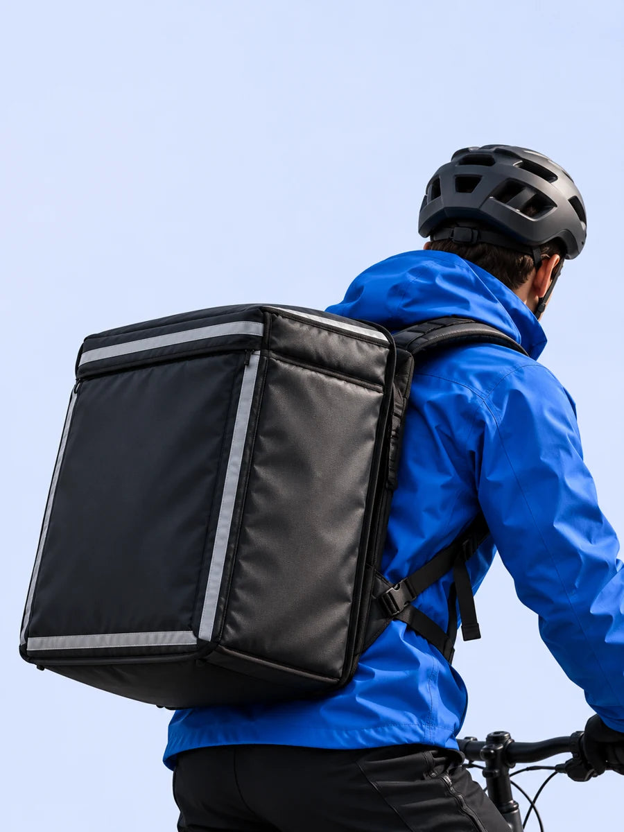 AI-generated concept: courier in cobalt blue with a delivery backpack