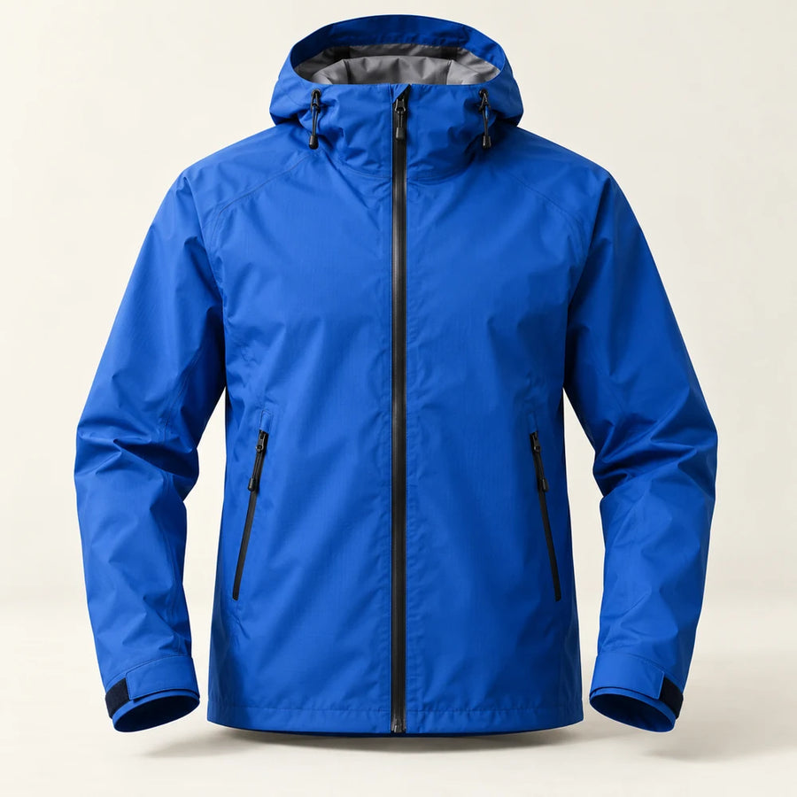 AI-generated concept: cobalt courier jacket studio photograph